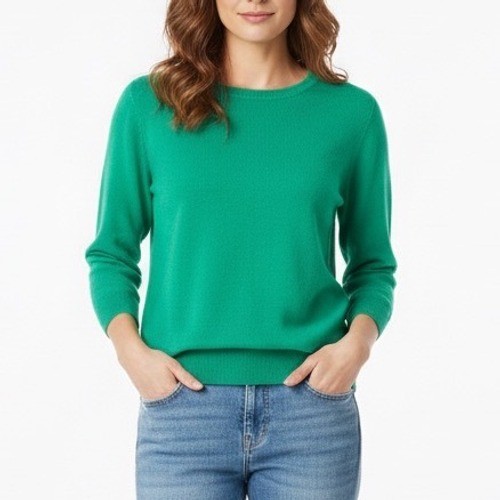 C. Wonder Sweater Womens Small Green Knit Cotton Angora 3/4 Sleeve Crew Neck