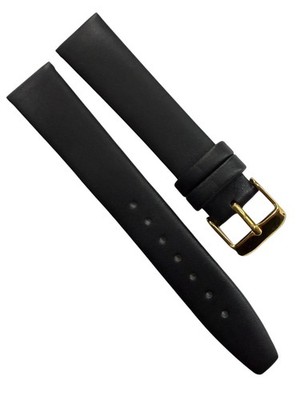 18mm Genuine Leather Black Watch Band   Slim Flat Grain Strap Gold/Silver Buckle