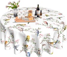 Spring Summer Tablecloth round 60 Inch, Birds Branch Floral Table Cloth Washable