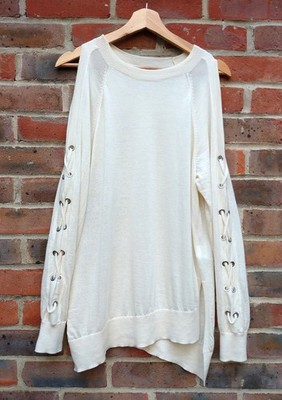 AllSaints XS-S Merinowolle leichter Cross Pullover Cold Shoulder Ösen Schnürung