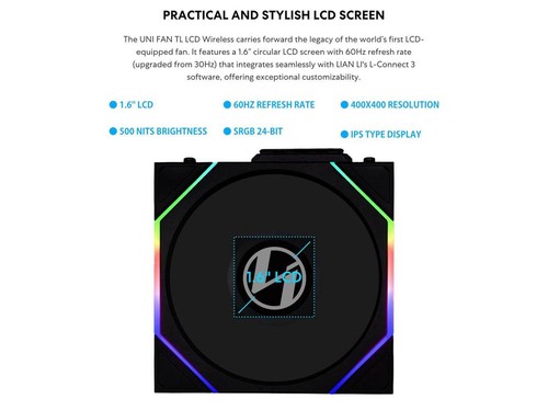 Lian Li UNI Fan TL - LCD Wireless 140 - Single Pack (Reverse Blade) - 2.4 GHz - Afbeelding 3 van 5