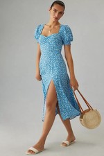 Reformation Lacey Marie Blue Floral Midi Dress Sz 0 Puff Sleeve Cottage
