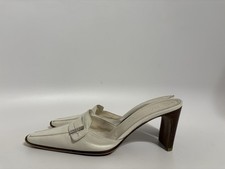 Vtg Chanel White Leather Logo Mule Heels 39.5