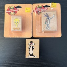 Lot of 3 Looney Tunes Rubber Ink Stamps Tweety Bird Bugs Bunny Sylvester