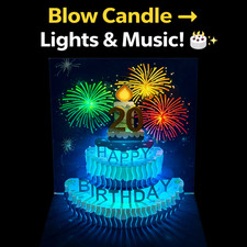 Blow Candle Musical Birthday Card LED Light Up 3D Pop Up Cake UK