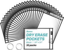 30 Packs Oversized Reusable Dry Erase Pocket Sleeves 2 Rings Black 10x14