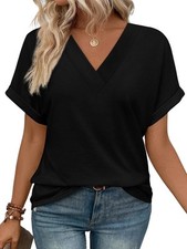 Womens Summer V Neck Top Short Sleeve Dolman Blouse Casual Loose Fit Shirt