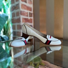 GUCCI White Leather Blue/Red Web Stripe Heele...