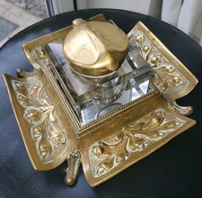 Antique Early 20th Century Brass / Glass Inkwell / Stand / Pen Rest