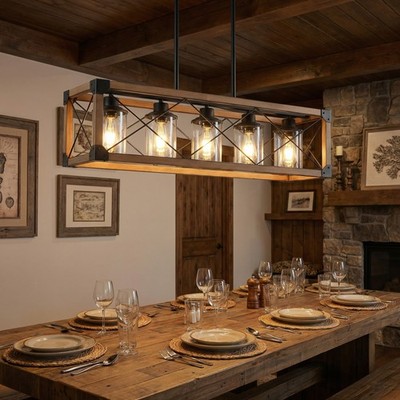 32'' Rustic Pendant 5 Light Farmhouse Chandelier Glass Shade Living Room Fixture