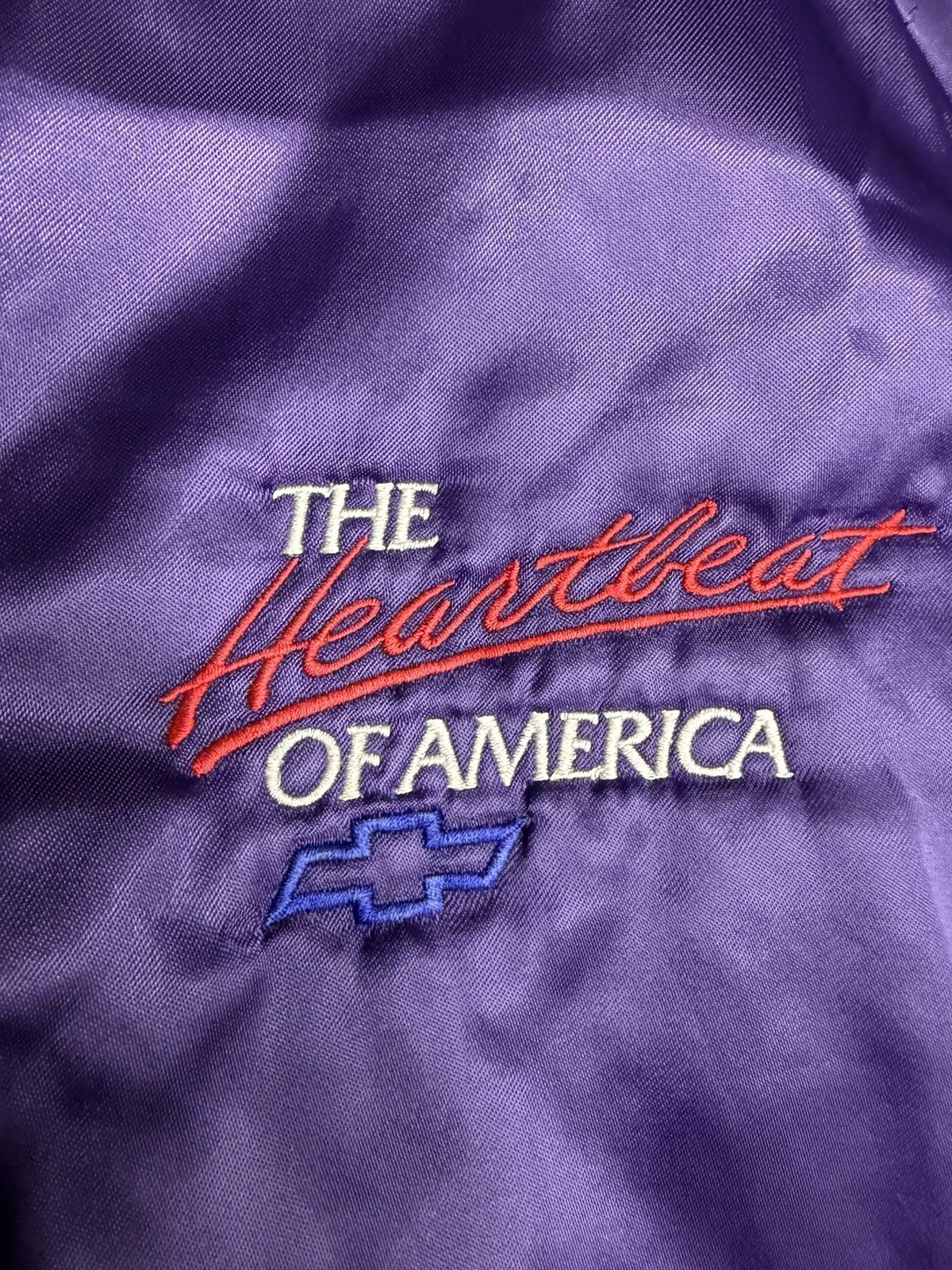 Vintage 90’s Chevrolet “ The Heartbeat Of America” Purple Satin Jacket Size Med. image 4