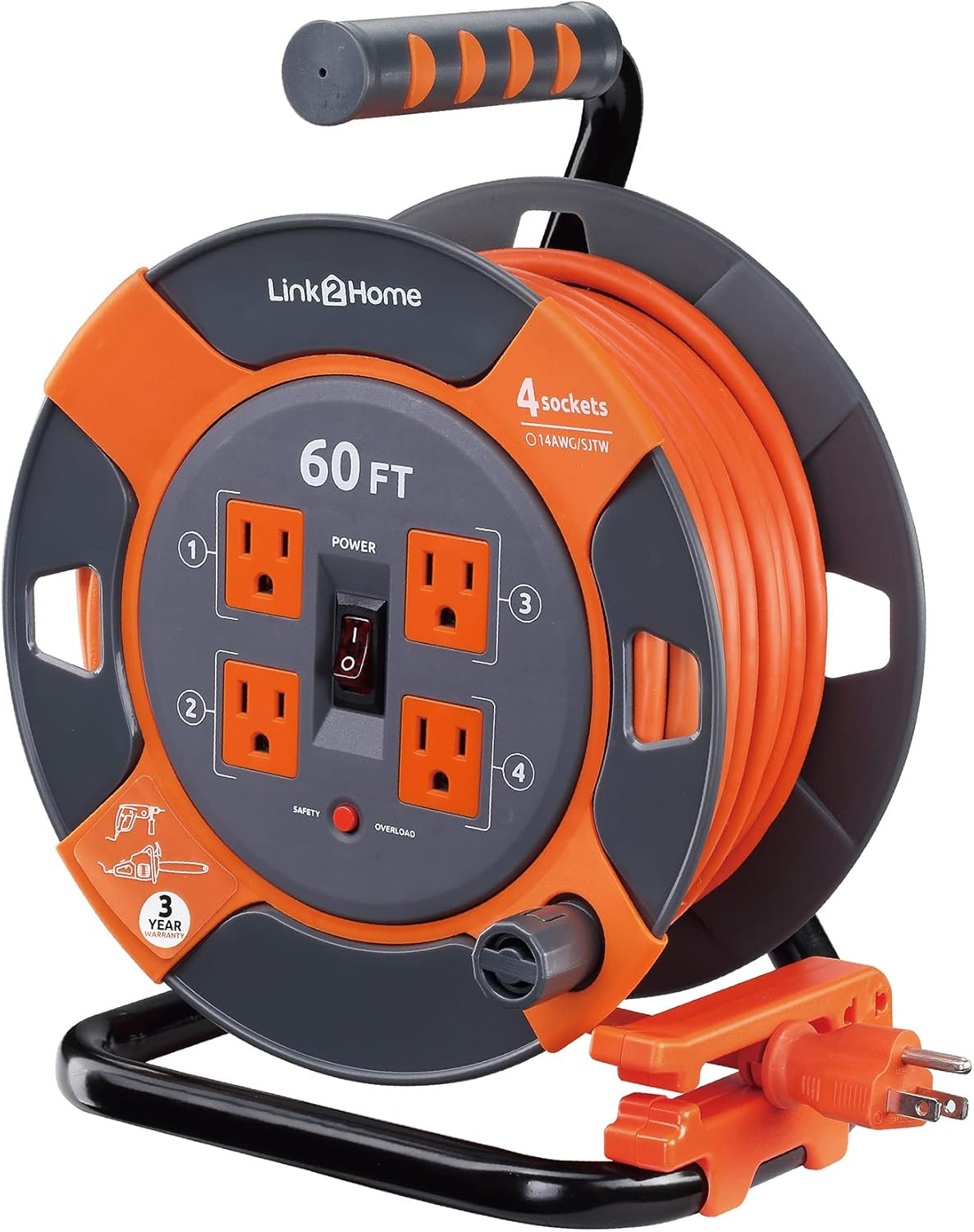 Cord Reel 60 Ft. Extension Cord 4 Power Outlets &ndash; 14 AWG S
