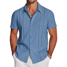 Mens Summer Shirt Short Sleeve Button Down Shirts Casual Beach Linen Shirts