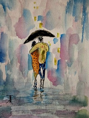ORIGINAL African American Urban Watercolor  painting  ''Together In The Rain''