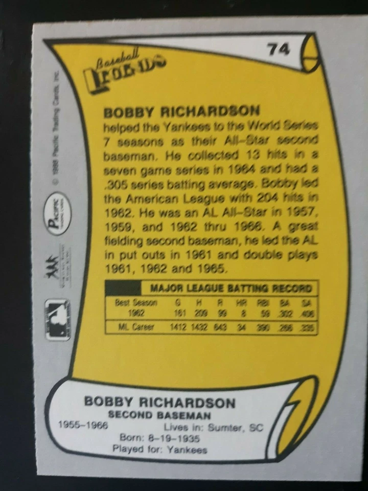 Bobby Richardson Yankees 1988 Pacific Baseball Legends #74 Autographed Card - Image 2 of 2