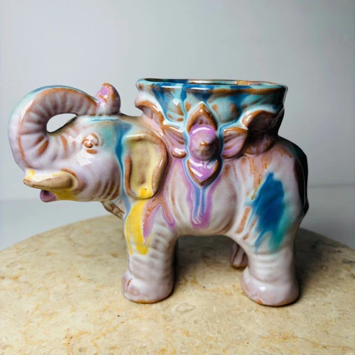 Vintage Mid Century Hand Painted Ceramic Elephant Planter Japan Watercolor