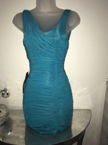 Bebe Rare Sexy Teal Shirred Front Cut Out Bodycon Dress XXS - Picture 1 of 3
