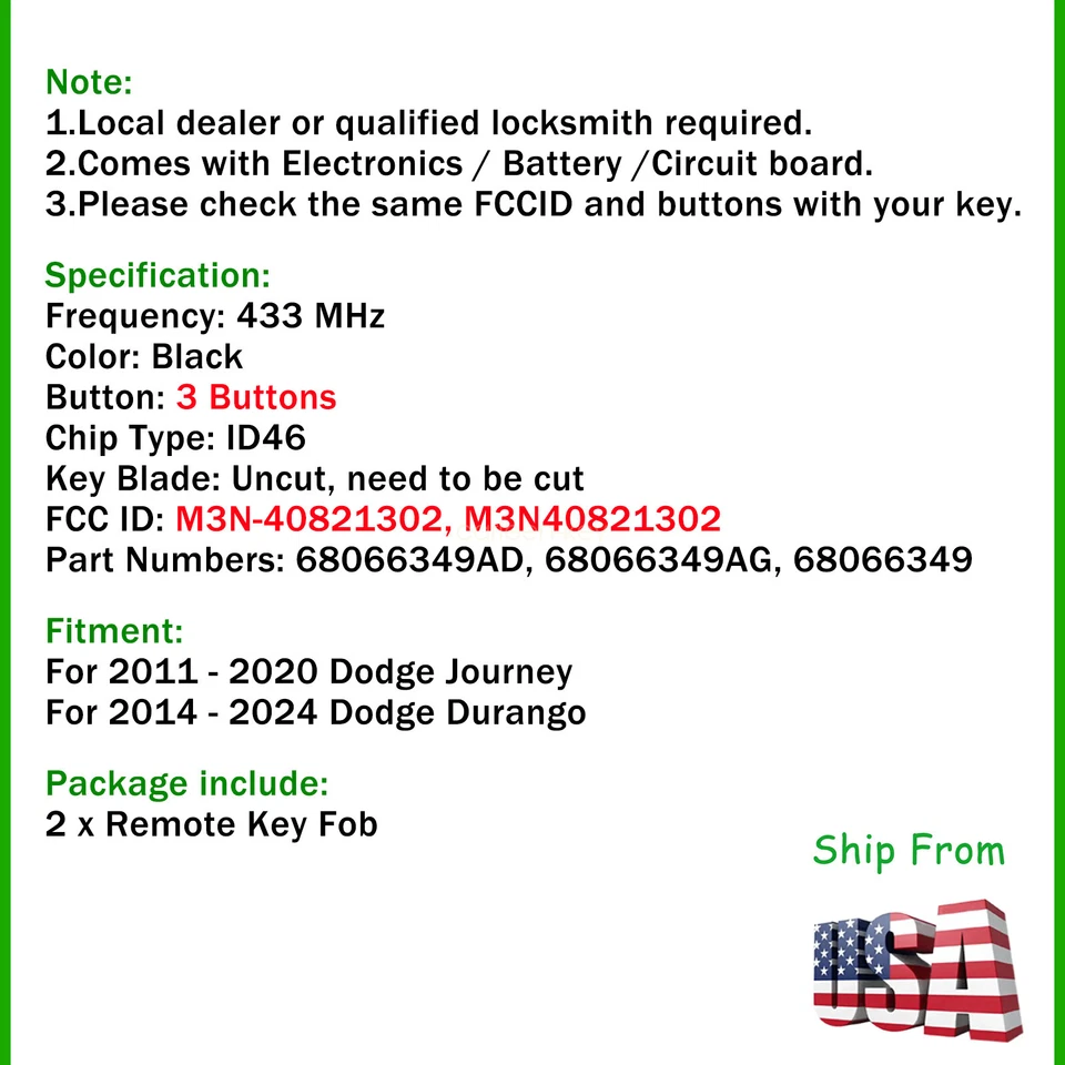 2 Para 2014 2015 2016 2017 2018 2019 Dodge Durango Control Remoto Inteligente Llavero ID46 Chip Foto 2 de 4