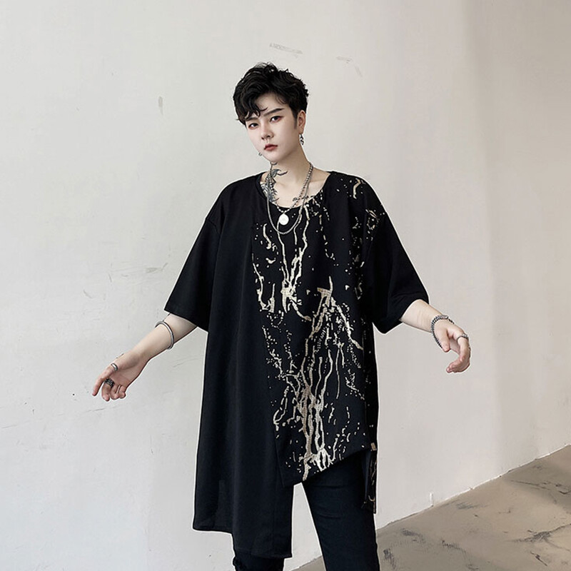 Men Patchwork Blouse Asymmetrical T-shirt Loose Casual Short Sleeve Tops Summer