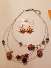7' Halloween Pumpkin Pendant Necklace 2 X Earings J18