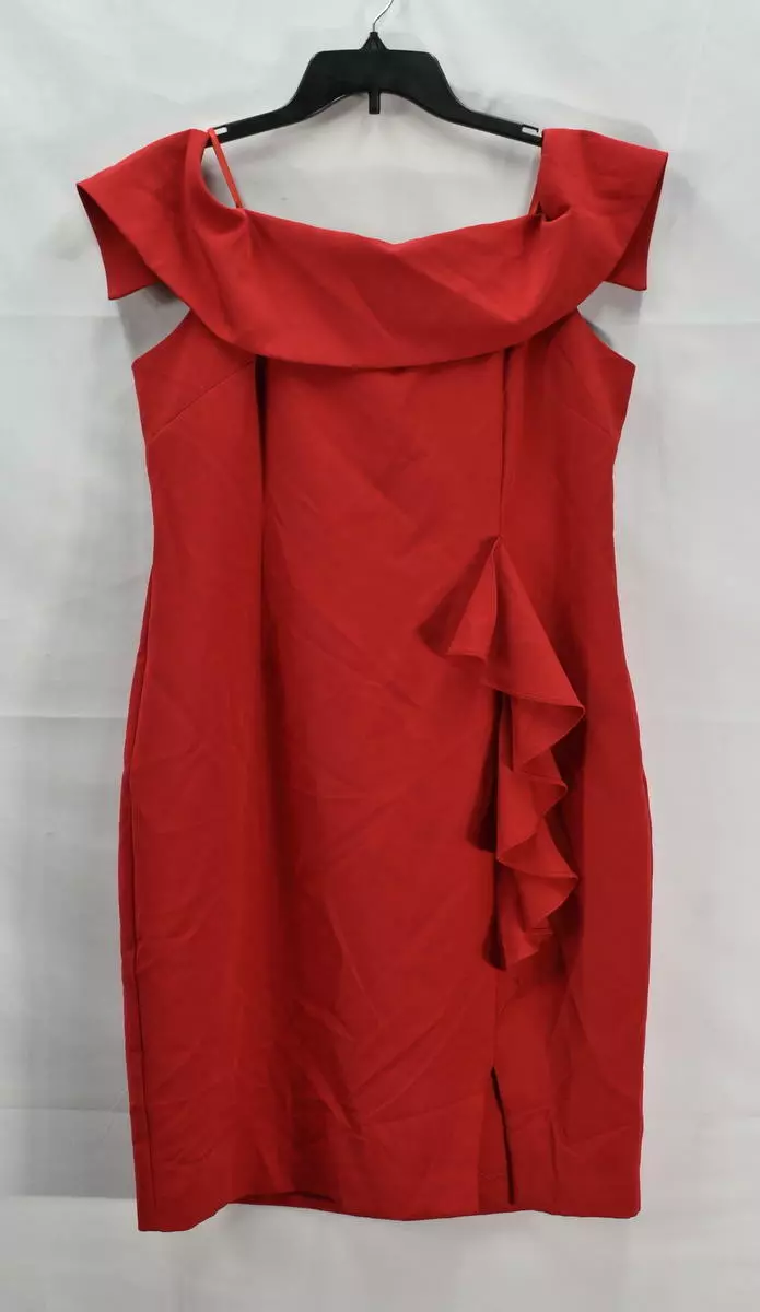SLNY Women s 14P Petite Off Shoulder Ruffle Cocktail Dress Red