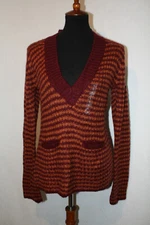 NWT Arizona Sz L Zinfandel Striped Fuzzy Knit Long Sleeve V-Neck Sweater