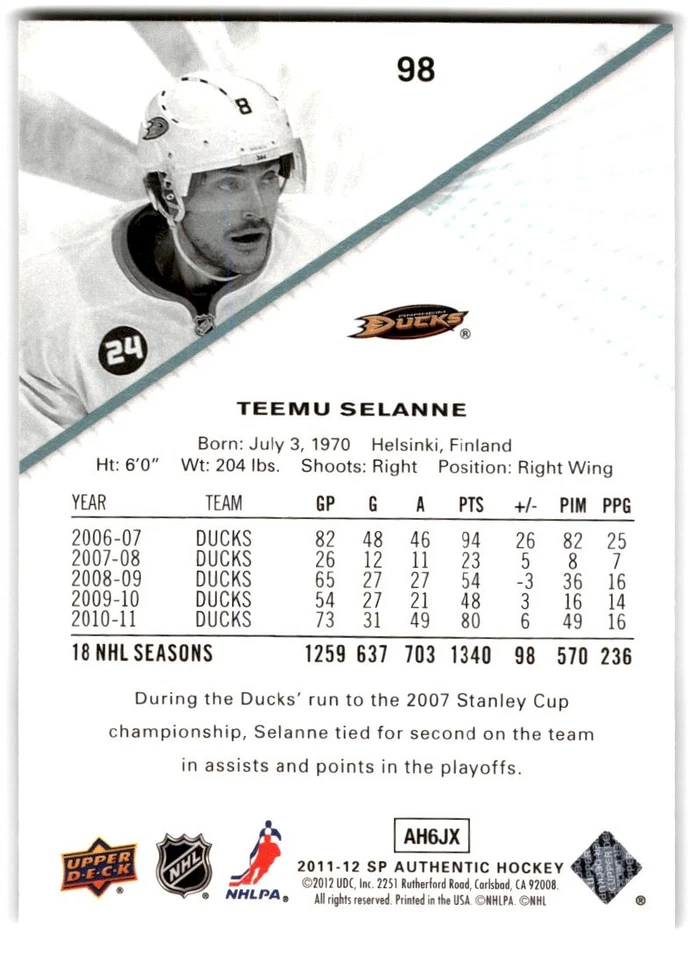 2011-12 SP Authentic Teemu Selanne #98 Anaheim Ducks - Image 2 of 2