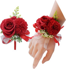 2 Pack Flower Wrist Corsage Boutonniere Set,3" Artificial Rose and Carnation Han