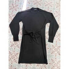 Steve Madden Black Ribbed Knit Mock Neck Tie Front Mini Dress Small Long Sleeve