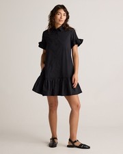 Quince Women 100% Organic Cotton Poplin Short Sleeve Ruffle Shirt Dress Black M