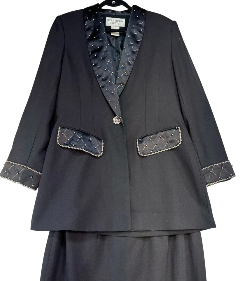 Conjunto de traje chaqueta y falda de noche para mujer St. Anthony talla 10 negro con cuentas  Foto 2 de 4