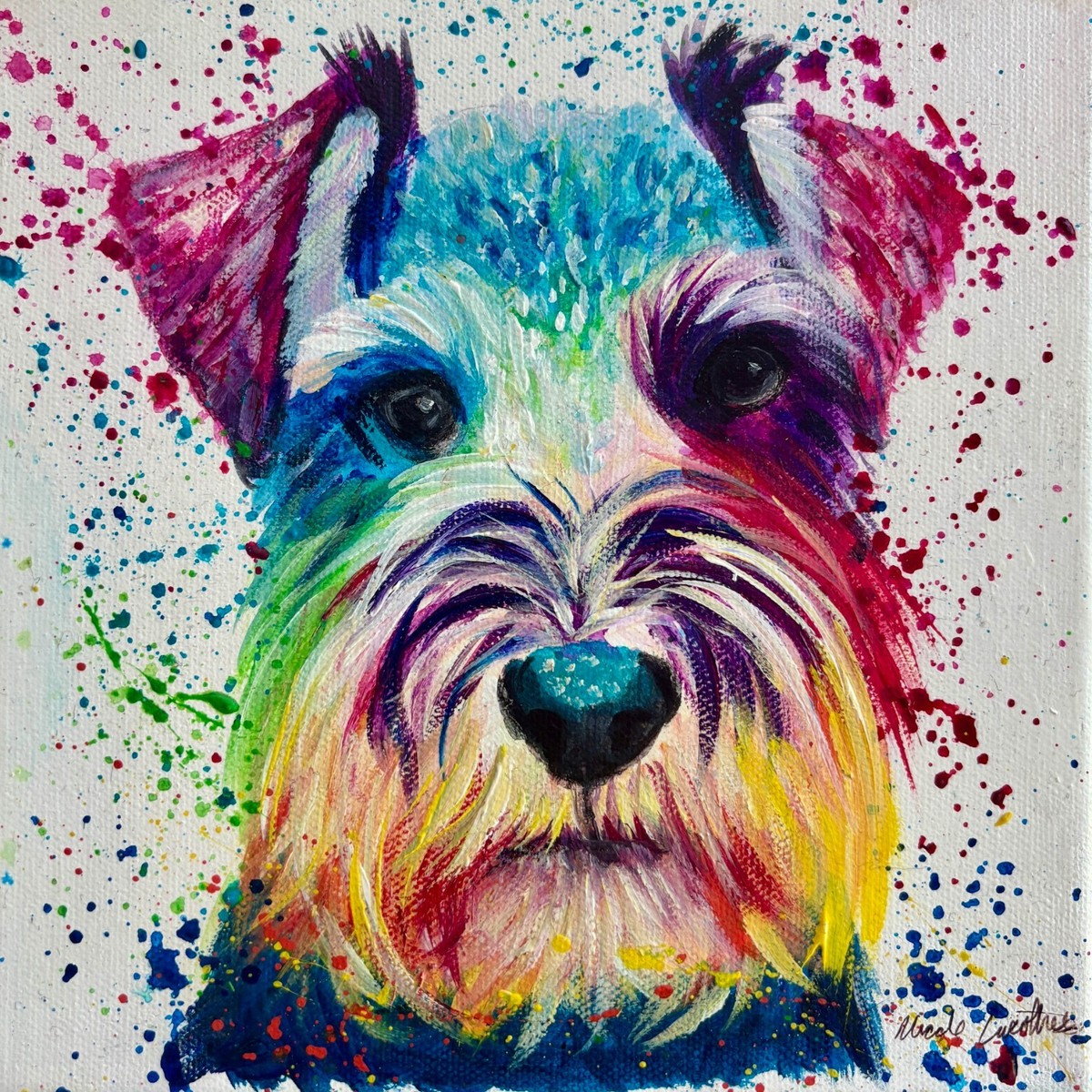 Original Art, Miniautre Schnauzer Dog, Vibrant Pop Art 8x8in