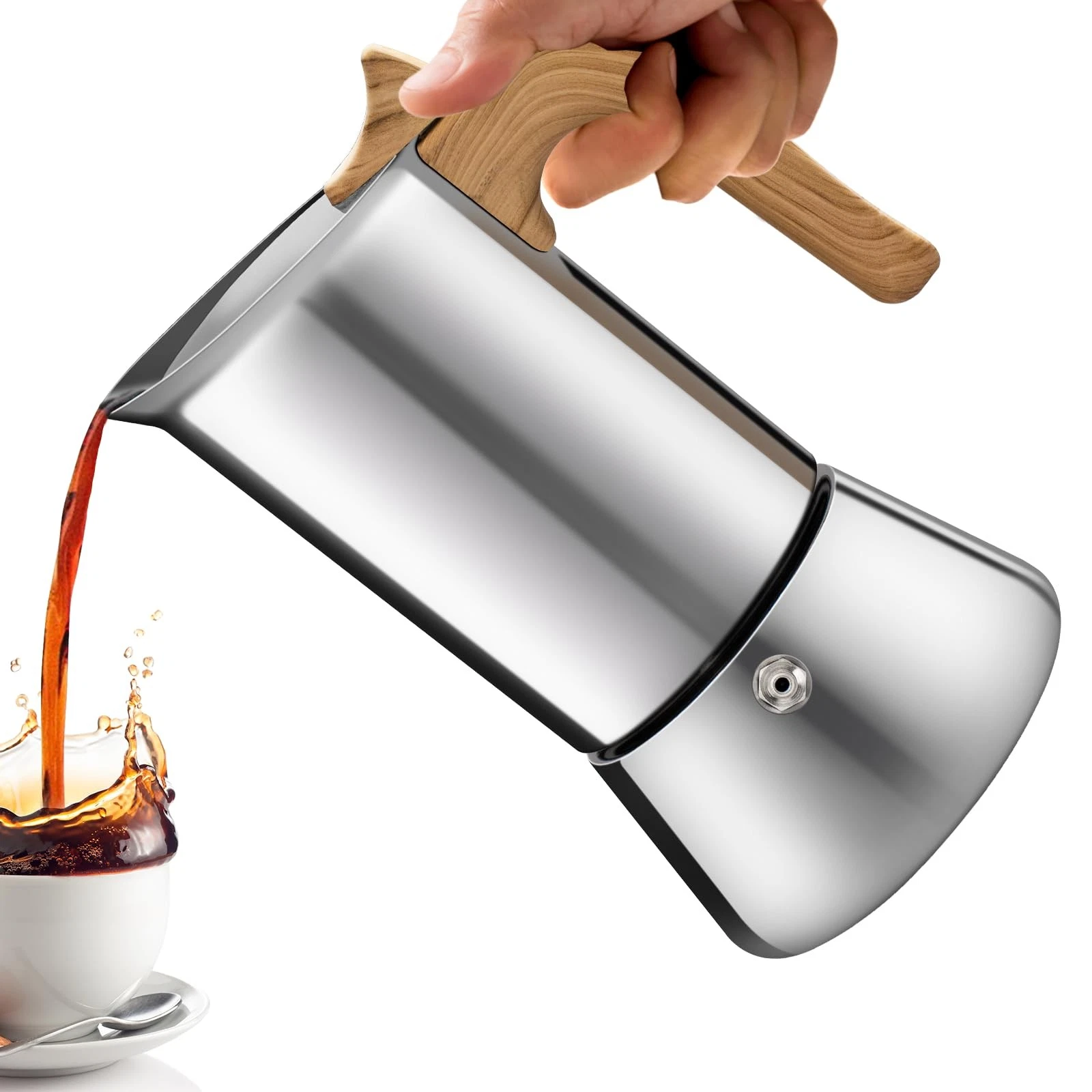 Vaolvpant No Coating 6 Cup Moka Pot Thickened 304 6 300ml, Silver