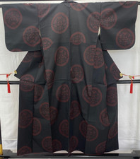 Japanese Vintage Kimono Silk Black Tumugi Traditional Authentic Length 59 in