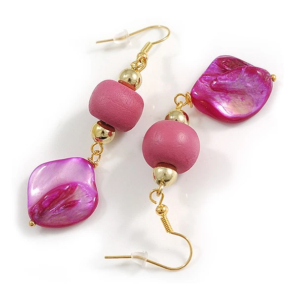 Pink Wood and Fuchsia Shell Bead Drop Earrings in Gold Tone - 70mm Long - Image 2 of 4