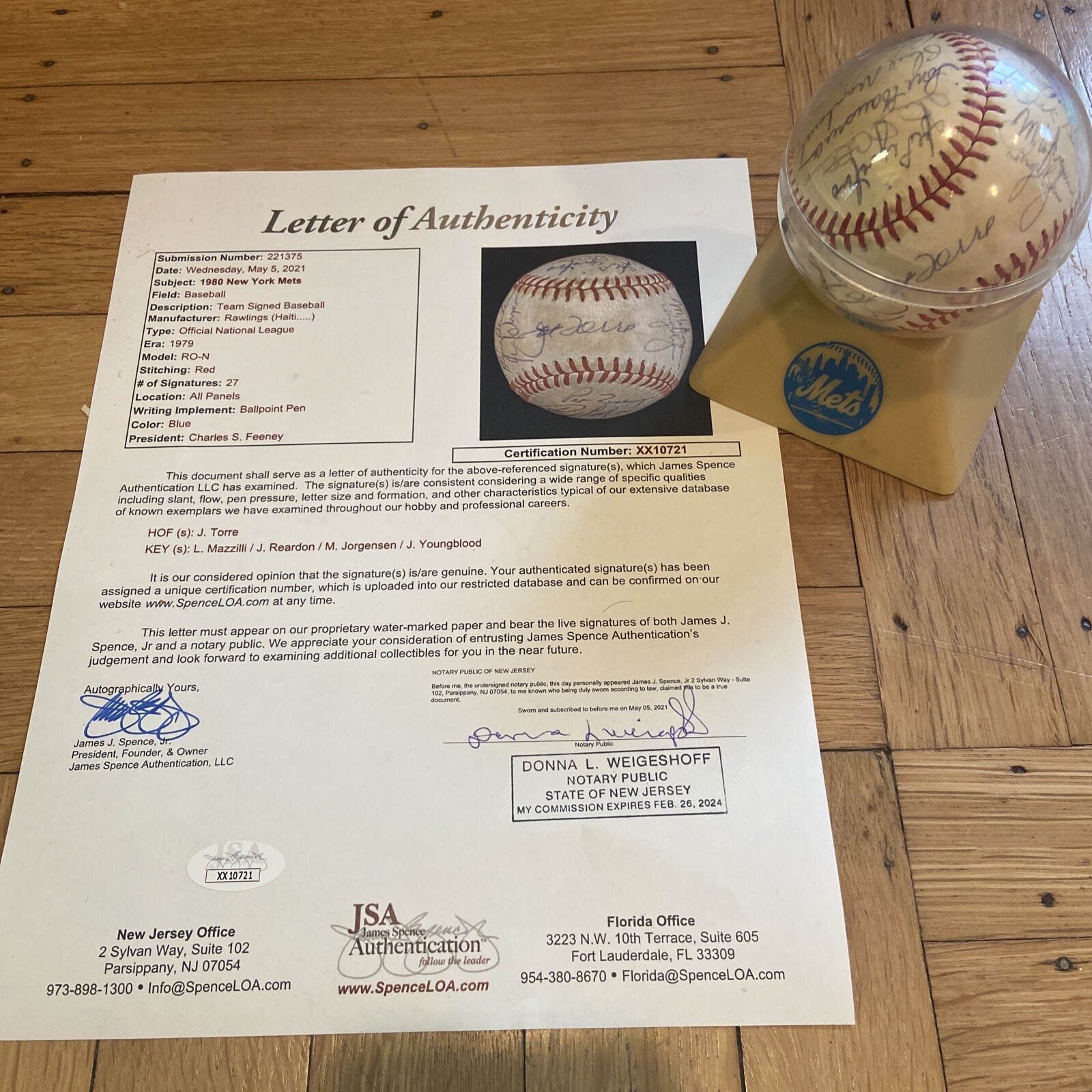 Joe Torre Autographed Signed New York Mets + 1980 Baseball 27 s JSA COA HOF 