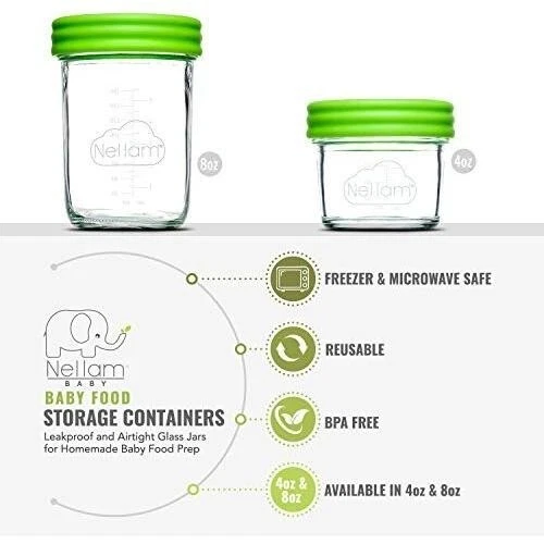 Nellam Baby Food Storage 4 oz/8 oz Containers with Green lid, set of 4 each