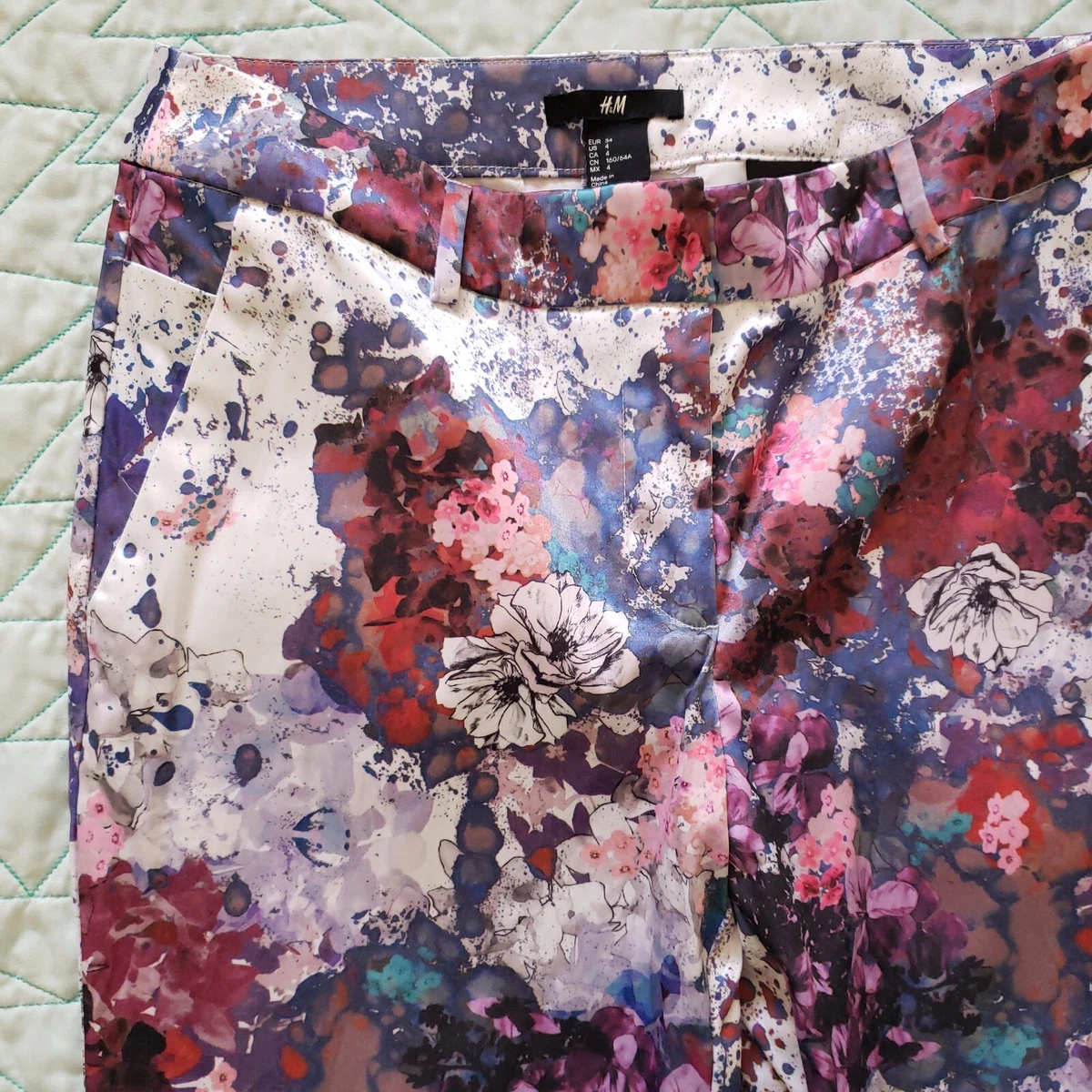 H&M Lana Del Rey Multicolor Satén Floral Estampado Salpicaduras Pantalones Mujer 4