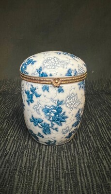 Rare BLOOM RITE CERAMIC CANISTER Blue FLOWERS & GOLD TRIM 4 1/2