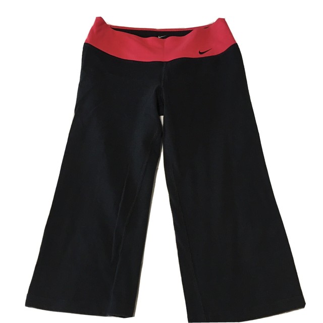 Nike Dri Fit Womens Capri Pants M Black/coral Wide Leg Yoga Workout Gym