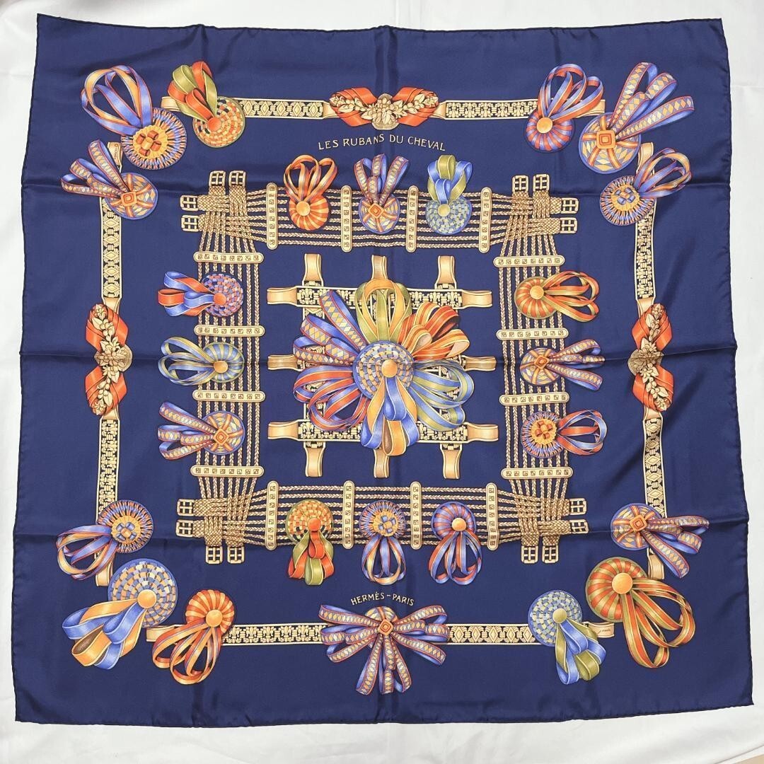 Hermes Carre 90 Scarf LES RUBANS DU CHEVAL Silk 100% Blue x