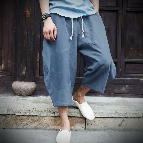 Mens Linen Cotton Capri Pants Harem 