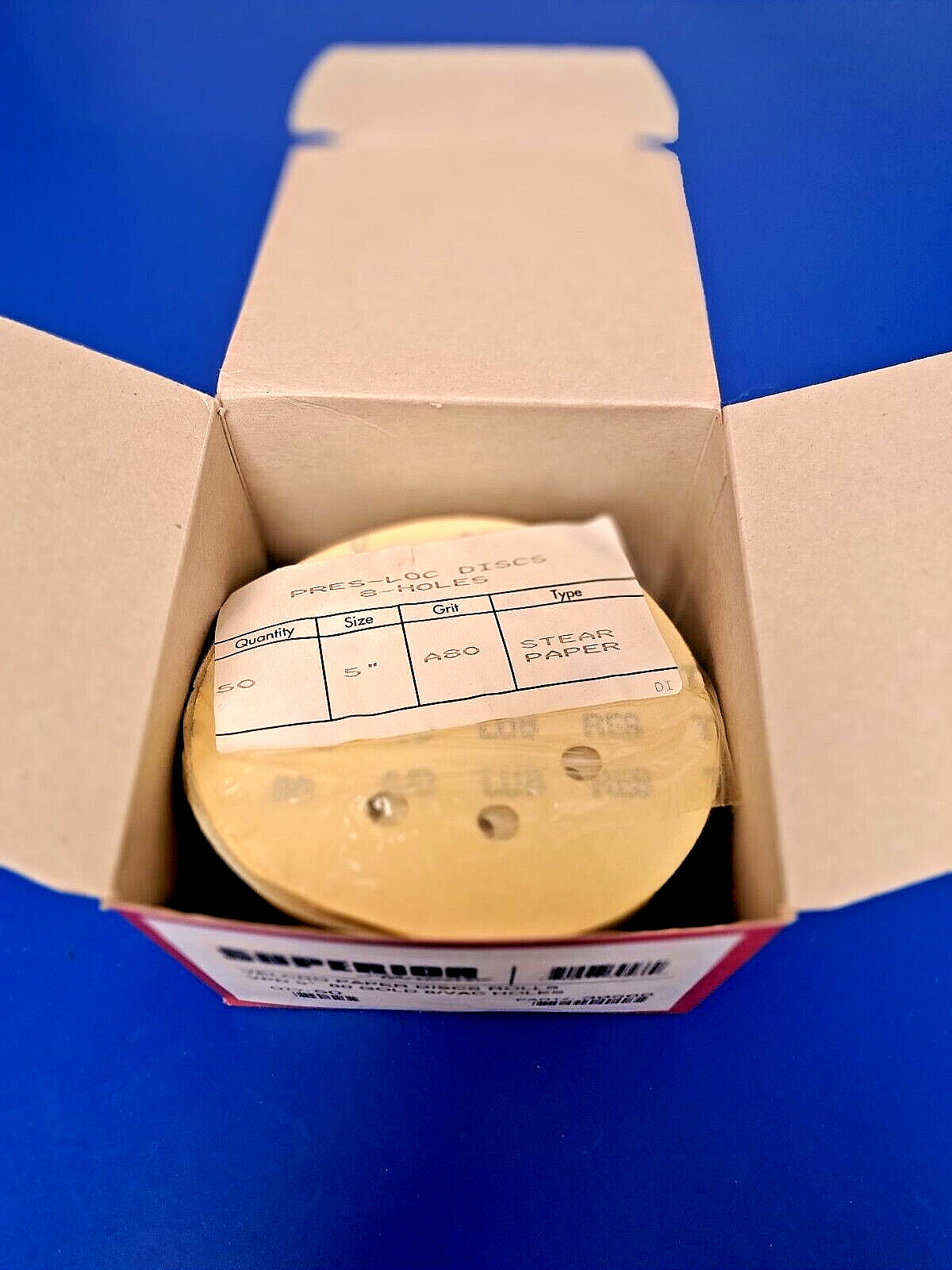50 DISCS 5" VPD 8 VAC HOLES 80 STEAR PAPER GRIT MED. COARSE GOLD PRES-LOC