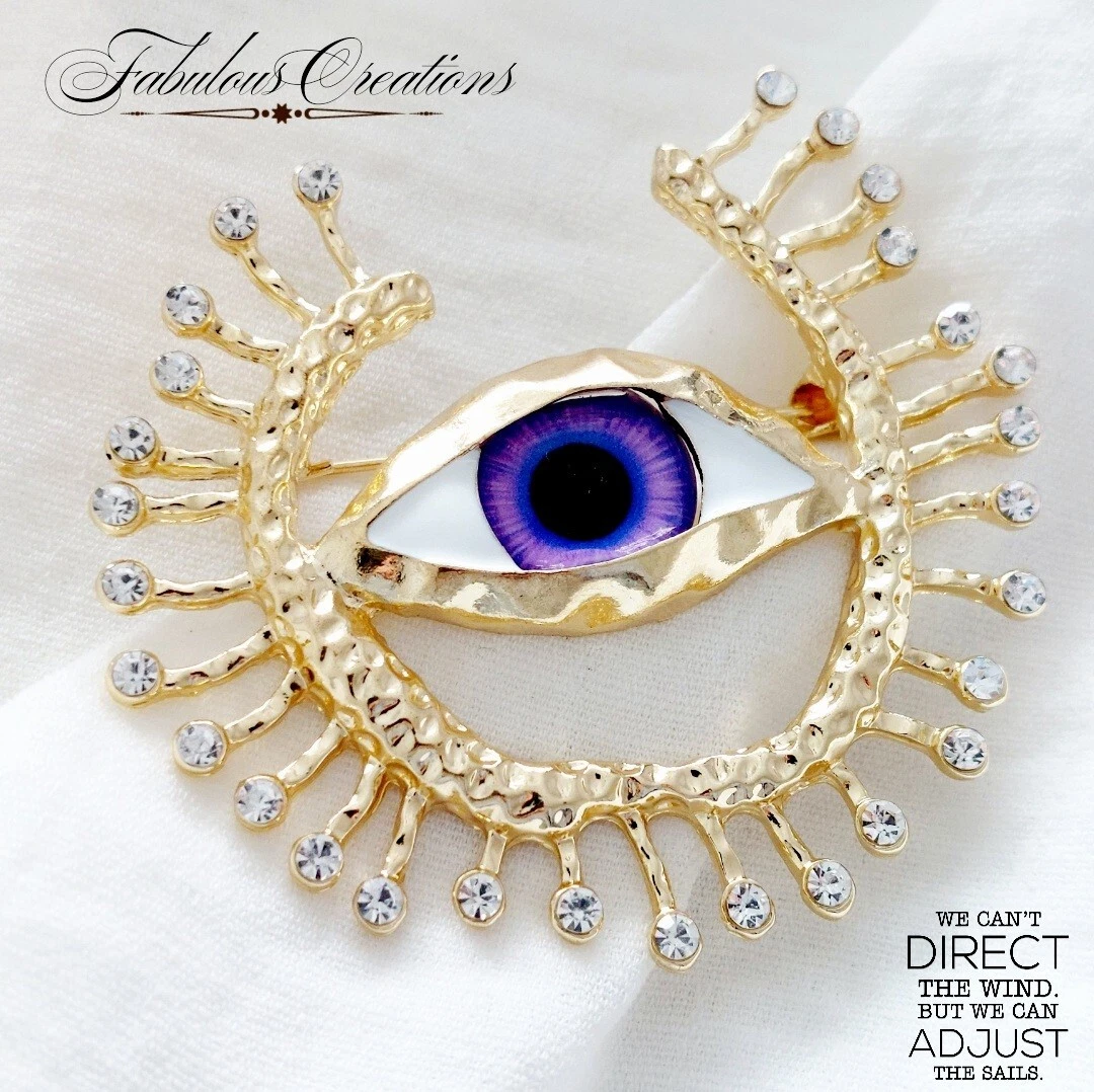 Large Statement Evil Eye Brooch Vintage Deco Style Purple Gold Pin