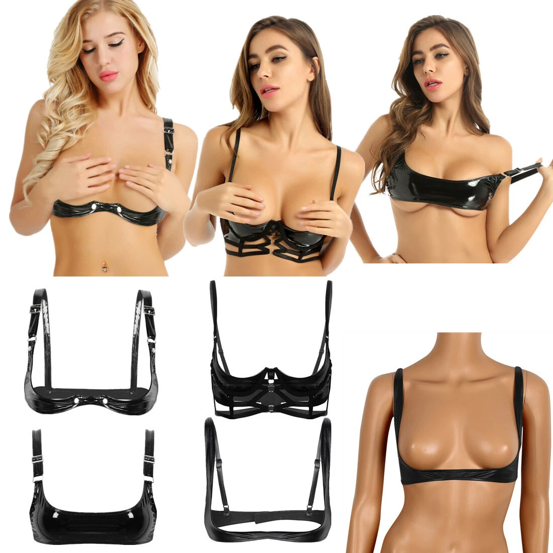 Womens Wetlook Cupless Breast Nipple Bra Sexy Open Cups Harness Leathe Bra  Tops