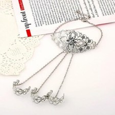 Vintage Silver Flower Hand Harness Bracelet Slave Chain Link Finger Rings