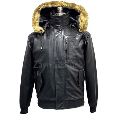 Men's Real Lambskin Leather Bomber Jacket Removable Fur Hood