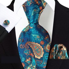 Classic Paisley Blue Brown Jacquard Silk Men's Tie Necktie Hanky Cufflink Set