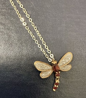 14 kt Gelbgold Granat + Diamanten Libelle Charm 1,9 g + Gold gefüllt Anhänger 18 Zoll