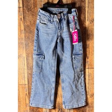 Justice Girls Denim Cargo Pants Size 6 Light Wash Pockets Adjustable Waist Jeans